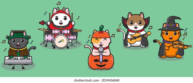 Vector illustration of cats Halloween. Lucky cat character vector design. Cats with costume play a musical instrument.