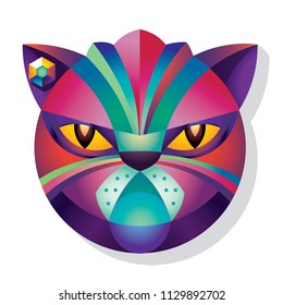 Vector illustration of cats head. Bright geometric style. Abstract pattern of colorful geometric shapes. Isolated cats face. Serious, angry, important Cats emotions. Bright print for T shirts, badges