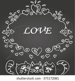 Vector illustration with cats and hearts on chalkboard, template