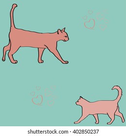 Vector illustration of cats and hearts. Two pink cats with hearts pass each other on turquoise background.