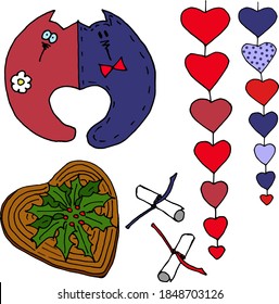 Vector illustration of cats and herats valentive set isolated on white background. Scrapbooking, stickers, decorations, icons, cards design.