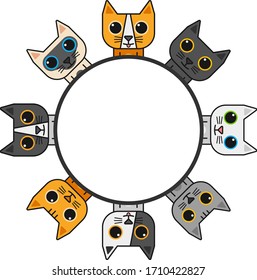 Vector illustration of cats and kittens with circle frame.