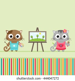 Vector illustration of cats learning to draw. Drawing lessons