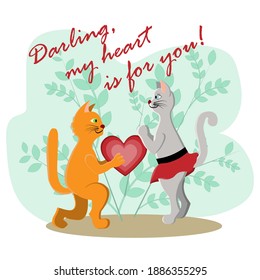 Vector illustration - cats in love on a background of bushes.