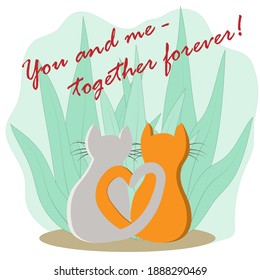 Vector illustration - cats in love on a background of bushes.