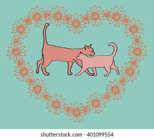 Vector illustration of cats in love on heart from flower on turquoise background.