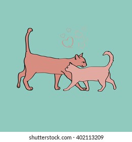 Vector illustration of cats in love on turquoise background.
