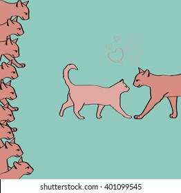 Vector illustration of cats in love and other cats.  Two pink cats meet each other with other cats on turquoise background.