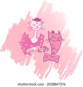 Vector illustration of cats in love for a romantic day. Pictures of cats in vector format for the design of a romantic celebration, postcards, posters, invitations, hot stand, souvenirs.