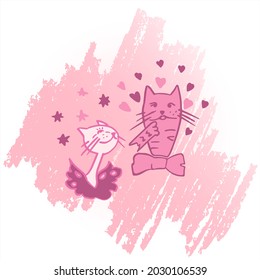 Vector illustration of cats in love for a romantic day. Pictures of cats in vector format for the design of a romantic celebration, postcards, posters, invitations, hot stand, souvenirs.