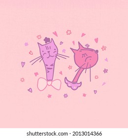 Vector illustration of cats in love for st.Valentine`s day. Pictures of cats in vector format for the design of a romantic celebration, postcards, posters, invitations for a Valentine`s day party.