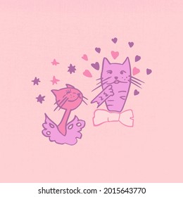 Vector illustration of cats in love for st.Valentine`s day. Pictures of cats in vector format for the design of a romantic celebration, postcards, posters, invitations for a Valentine`s day party.