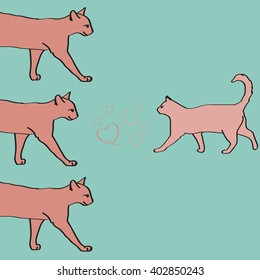Vector illustration of cats in love. Three pink cats looking at a pink cat on turquoise background.