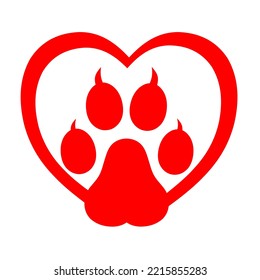 Vector illustration of a cat's paw with a heart symbol. Isolated on a white background. Great for vet logos