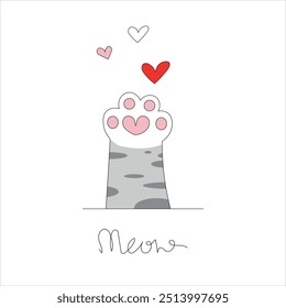 vector illustration. with a cat's paw and hearts.