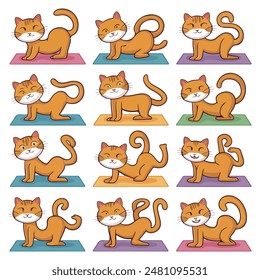 A vector illustration of cats performing various yoga poses on colorful mats playful, expressions, convey relaxation, and flexibility on white background