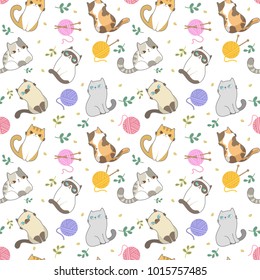 Vector illustration, Cats seamless pattern, Different type of cute cartoon cat on white background . It can be print and used as wallpaper, packaging, wrapping paper, fabric and etc.