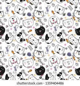 Vector illustration, Cats seamless pattern, Different type of cute cartoon cat on white background . It can be print and used as wallpaper, packaging, wrapping paper, fabric and etc. 