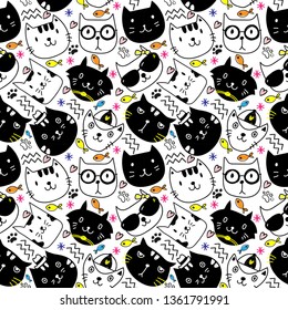 Vector illustration, Cats seamless pattern, Different type of cute cartoon cat on white background . It can be print and used as wallpaper, packaging, wrapping paper, fabric and etc. 