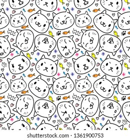 Vector illustration, Cats seamless pattern, Different type of cute cartoon cat on white background . It can be print and used as wallpaper, packaging, wrapping paper, fabric and etc. 