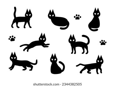 Vector illustration of cats silhouette collection. Simple icon set. White background.