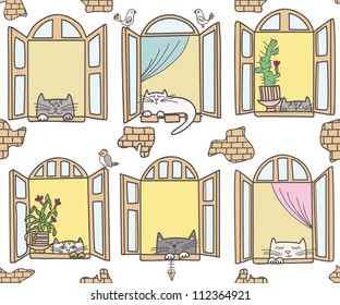 Vector illustration with cats and windows on white. Vintage windows and funny cats. Seamless pattern