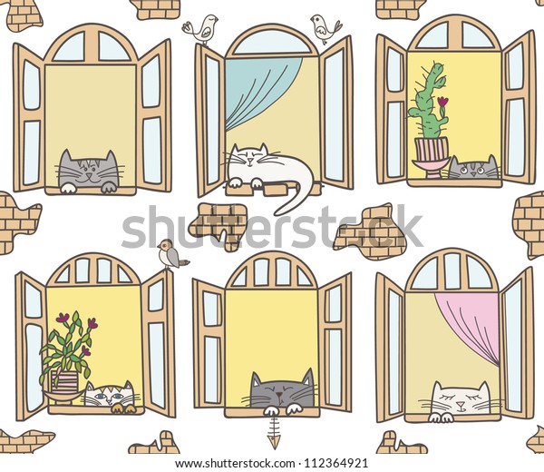 白い背景に猫と窓を持つベクターイラスト ビンテージの窓やおかしな猫 シームレスなパターン のベクター画像素材 ロイヤリティフリー