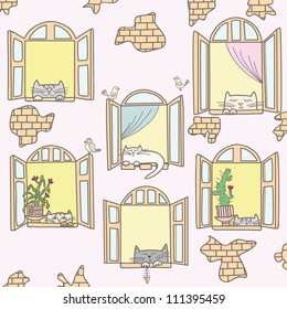 Vector illustration with cats and windows. Vintage windows and funny cats