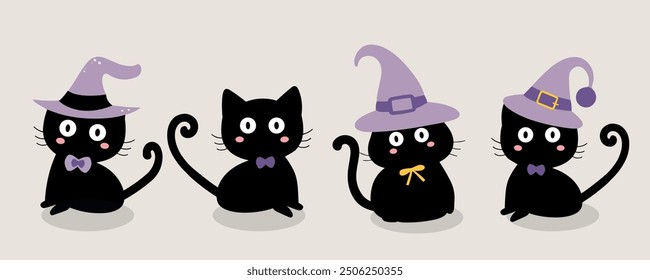 Vector illustration of cats witches, perfect for Halloween-themed designs. The elements feature a cartoon style with witch hats, black cats, and mystical items. Cats