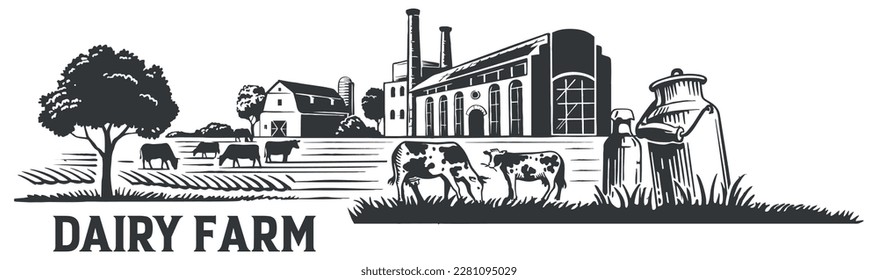 vector illustration of cattle animal husbandry, cattle breeding and milking industry, template set in hand drawn