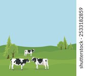 Vector illustration of cattle farming in green field. Cartoon flat style of cow in grass field. Agriculture farm domestic animal in farm land. Dairy livestock for poster, infographic, kids illustrate