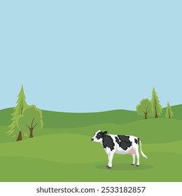 Vector illustration of cattle farming in green field. Cartoon flat style of cow in grass field. Agriculture farm domestic animal in farm land. Dairy livestock for poster, infographic, kids illustrate