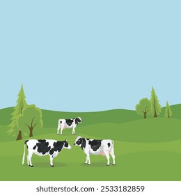 Ilustración vectorial de la ganadería en campo verde. Estilo plano de la historieta de la vaca en campo de hierba. Agricultura animal doméstico de granja en tierra de granja. Ganado lechero para el cartel, infografía, ilustración de los niños