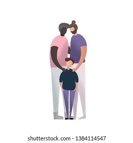 Vector illustration caucasian and african american Gay Couple and adoption son. Flat style people. 