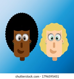Vector illustration of a caucasian and a black woman. Blue gradient background.