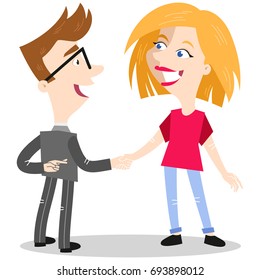 Vector illustration of caucasian cartoon businessman shaking woman's hand while crossing fingers behind his back