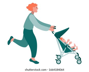 Vector Illustration Of A Caucasian Woman Running Fast Pushing A Young Caucasian Child In An Umbrella Stroller. The Baby Is Screaming And Crying. Isolated On A White Background.