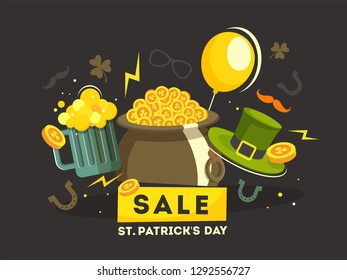 Vector illustration of cauldron, beer mug and leprechaun hat on brown background for St Patrick's Day sale poster or banner design.