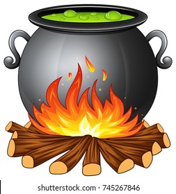 Vector illustration of Cauldron with boiling green potion on wood fire