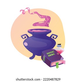 Vector illustration with a cauldron, a book and a flask. Magic potions. Flask with magic.