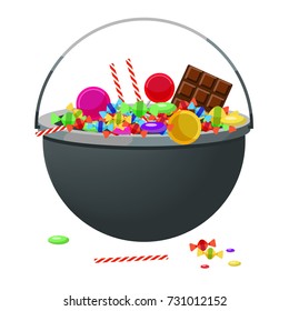 Vector illustration with a cauldron with different candy and sweets. Halloween