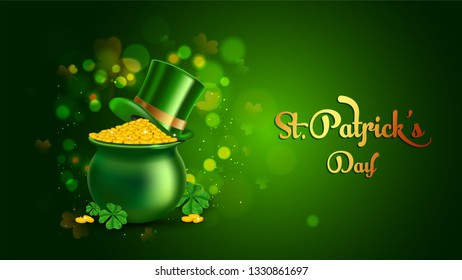 Vector illustration of cauldron full of gold coins on green bokeh background for St Patrick's Day poster or banner design.