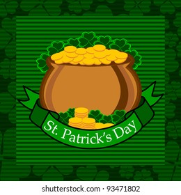 Vector illustration of a cauldron with gold coin sand the words of Happy St. Patrick's Day.