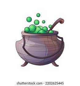 Vector illustration of cauldron with liquid with bubbles. Witchcraft green potion in boiler. Witch bowler with potion. For Halloween design. Halloween props. 