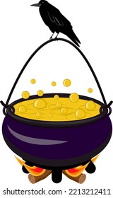 vector illustration of a cauldron on fire with a potion. the witch is brewing a potion. raven