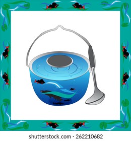 Vector illustration of the cauldron with soup and a live fish and big soup ladle