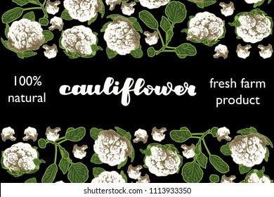vector illustration of cauliflower and leaf design with lettering cauliflower background black and vegetable and text fresh farm product 100% natural EPS10