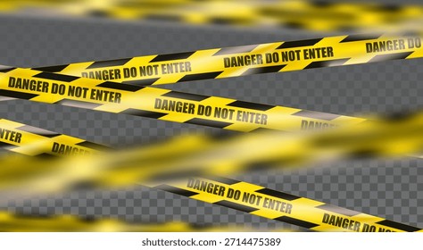 Vector illustration. Caution and danger yellow protection and warning ribbon on transparent background.