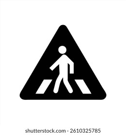 A vector illustration of a caution sign depicting a person walking. The triangular sign is black with a white figure and outlines pedestrian crossing lines below. Essential for road safety.