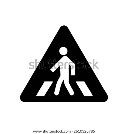 A vector illustration of a caution sign depicting a person walking. The triangular sign is black with a white figure and outlines pedestrian crossing lines below. Essential for road safety.